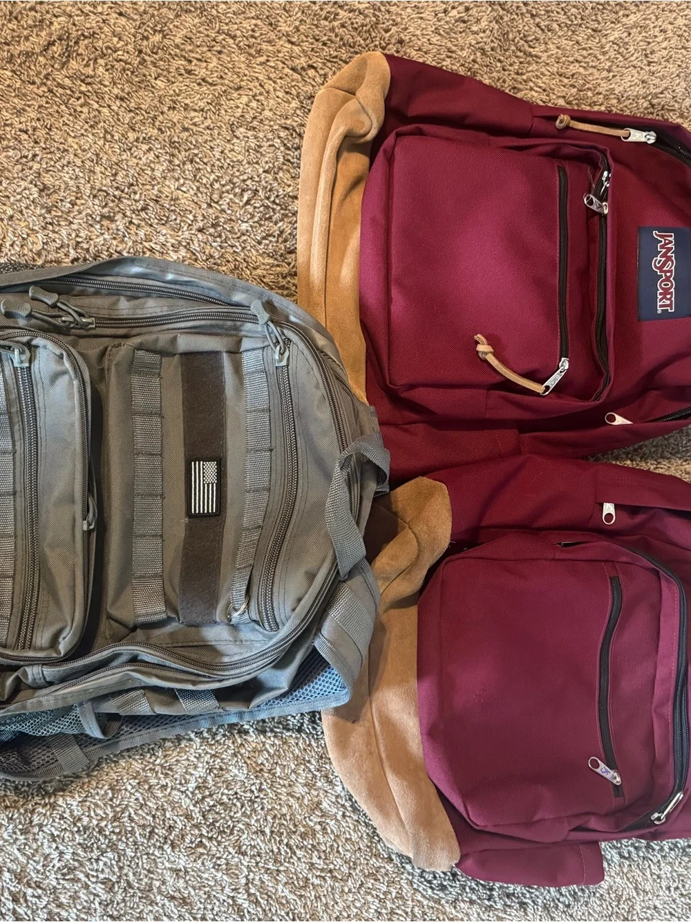 2 Jansport Maroon Backpacks with Tan Accents